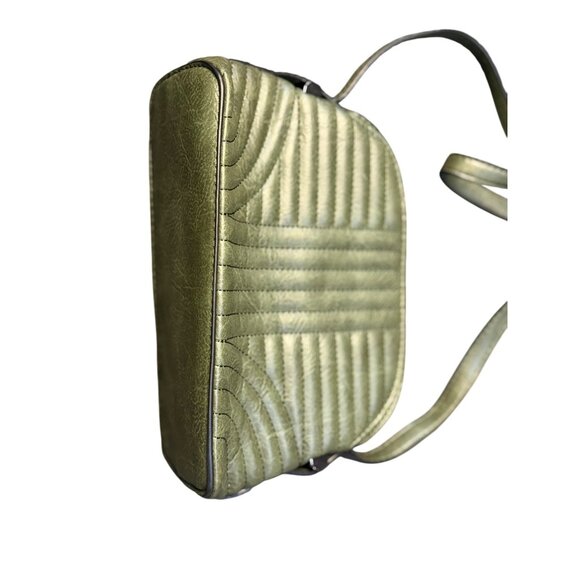 Classic Quilted Crossbody Bag Metallic Olive Green Adjustable Strap 10"x6" Retro - Picture 3 of 7